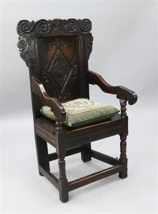 An early 18th century Halifax region oak joined armchair, W.2ft H.3ft 8in.
